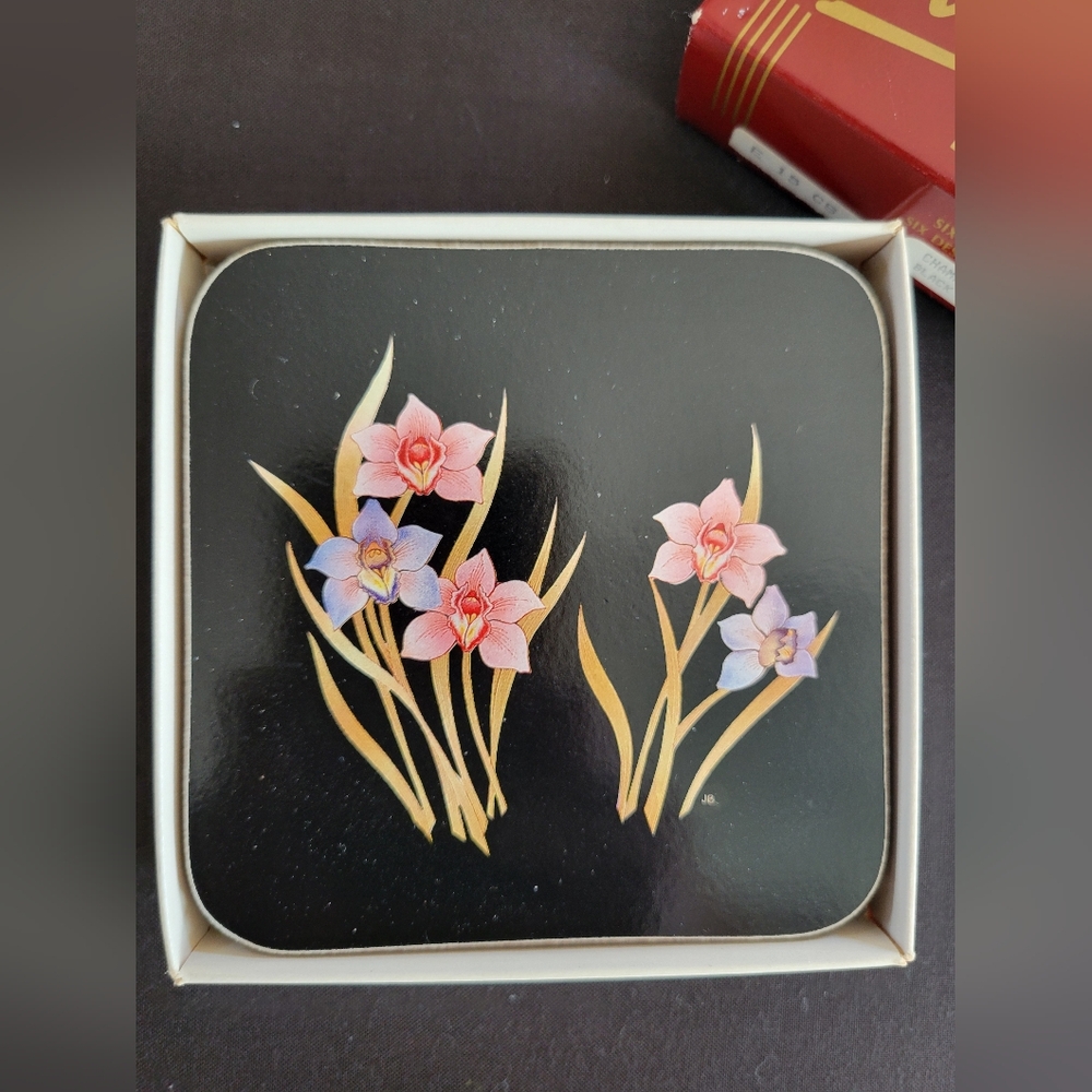 Vintage Cavalli Floral Coaster Set Orchids Made in New Zealand Original Box - Picture 2 of 16